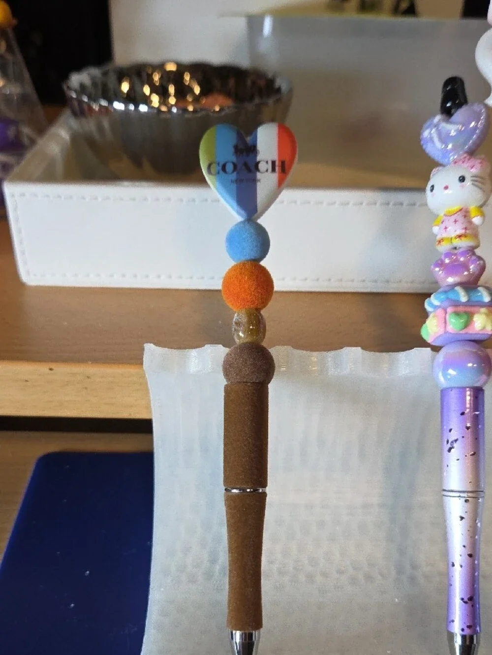 Coach Multicolor Heart Charm Beaded Pen in Blue, Orange, Tan. Flocked Pen